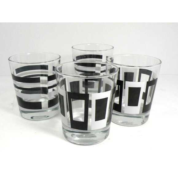 Set Of 4 VTG IKEA Godis Mid-Century Modern Glasses With Black & White Geometric - Picture 3 of 10